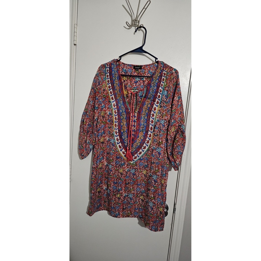 Tolani Silk Paisley Tunic Top Women's Size M Boho Artsy Vacation Ruched Sleeves